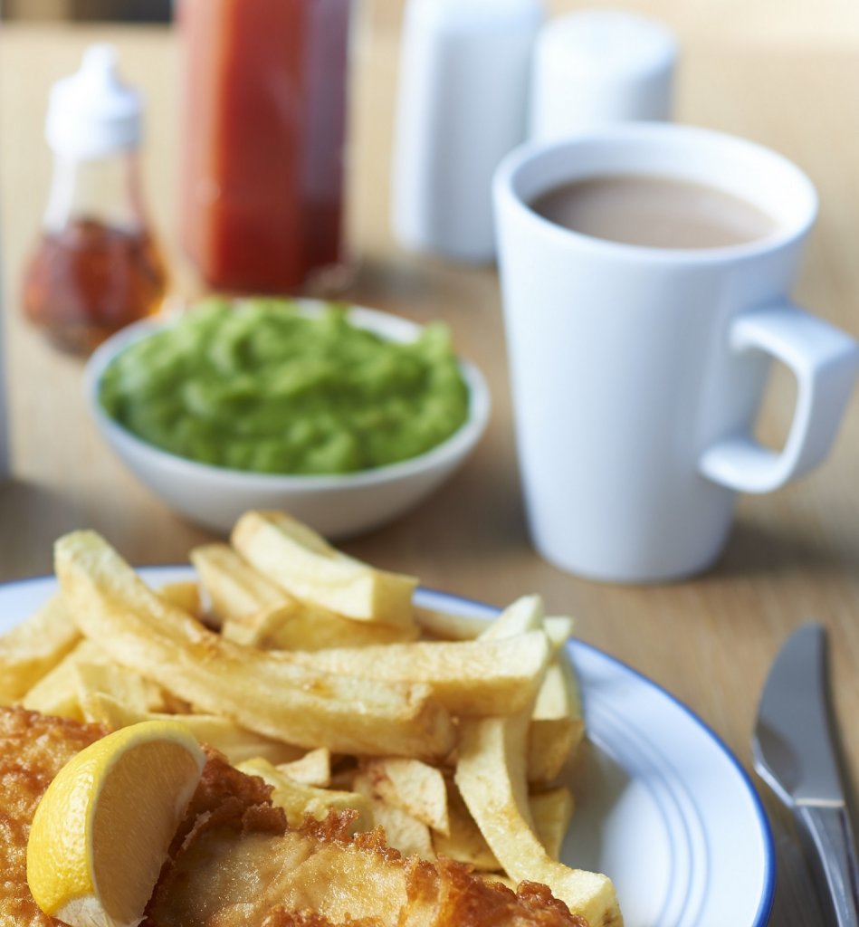 Fish, chips, mushy Peas and a cup of tea